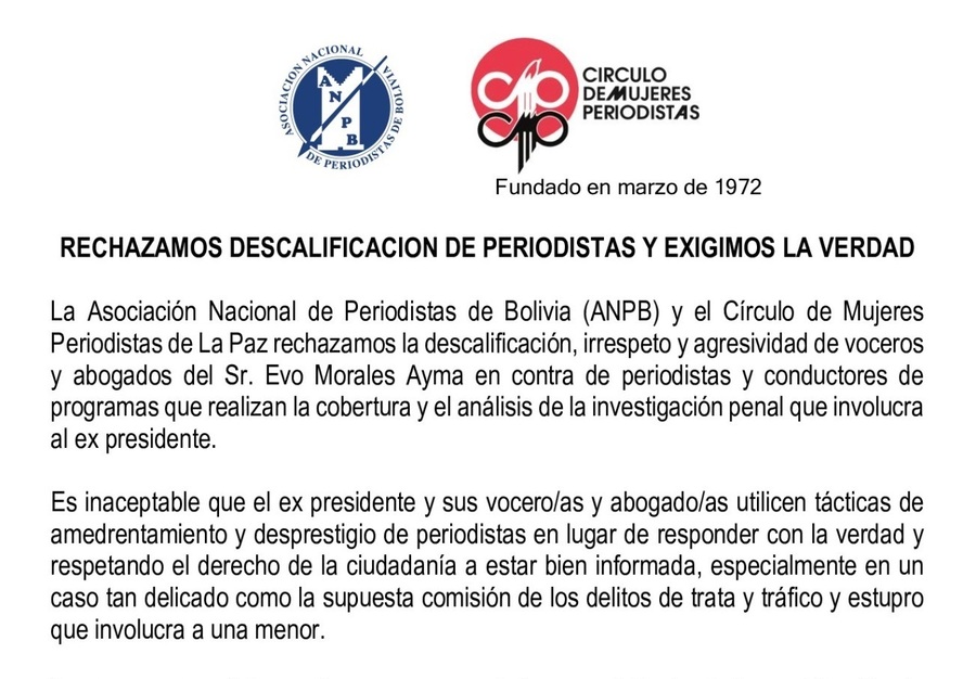 Organizaciones rechazan agresividad de abogados y voceros de Morales hacia periodistas