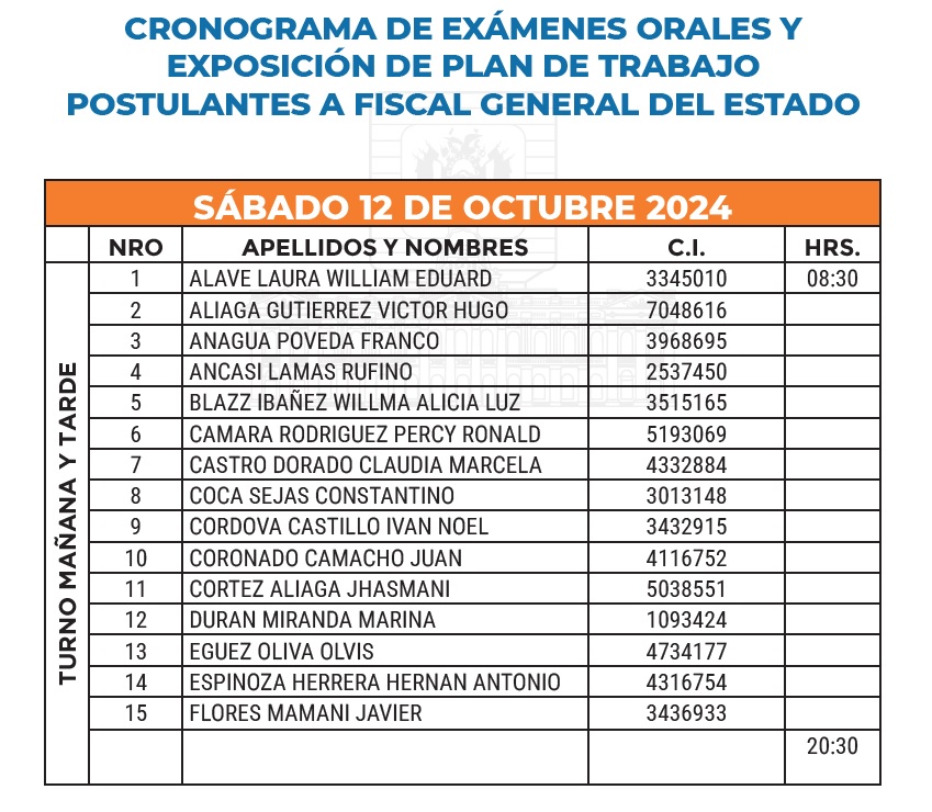 Fiscal de La Paz Alave abre el sábado ronda de exámenes orales de postulantes a Fiscal General del Estado