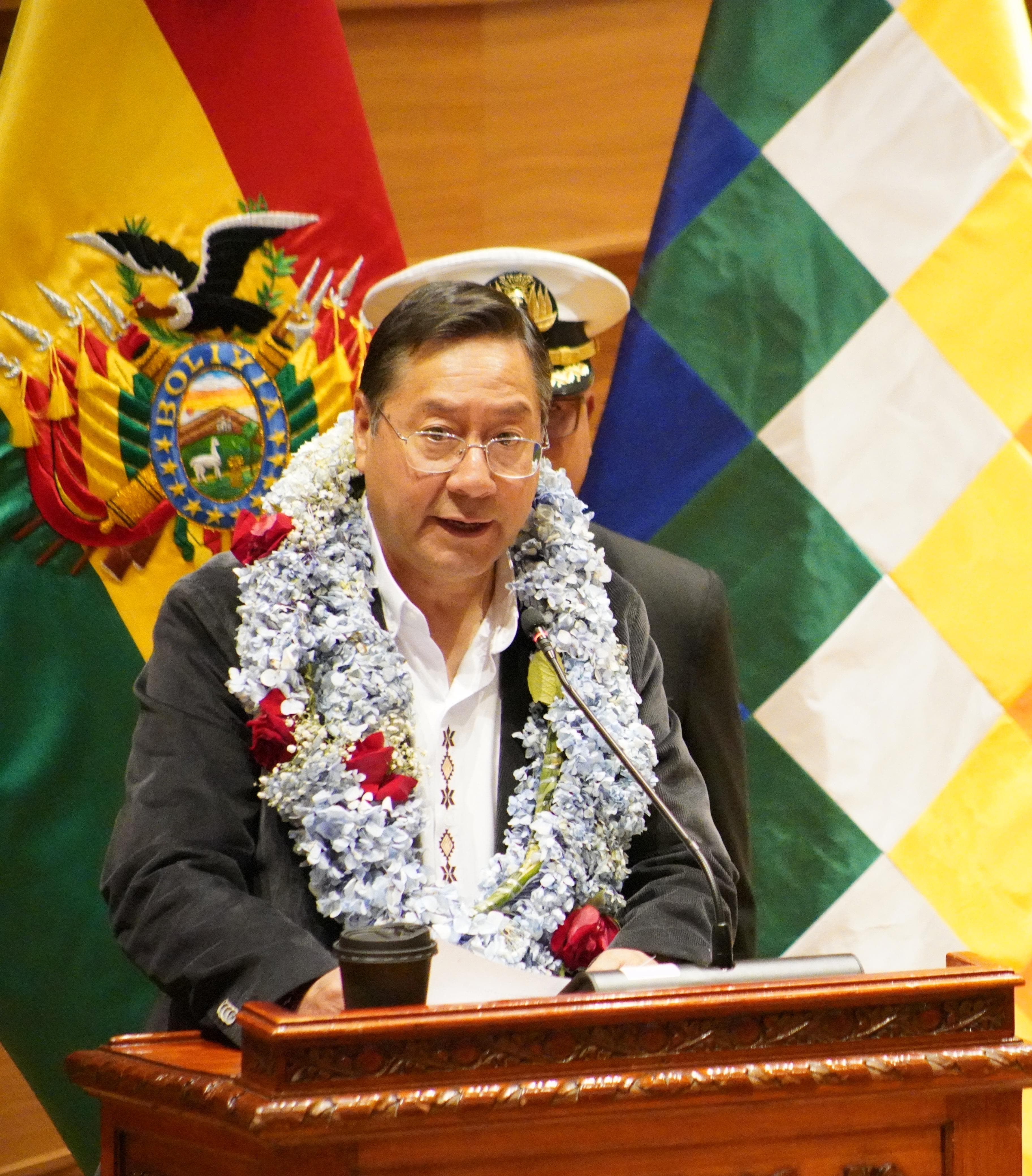Reunión del presidente Luis Arce durante su discurso por el 8vo aniversario de Agamdepaz. Foto: Jorge Mamani.