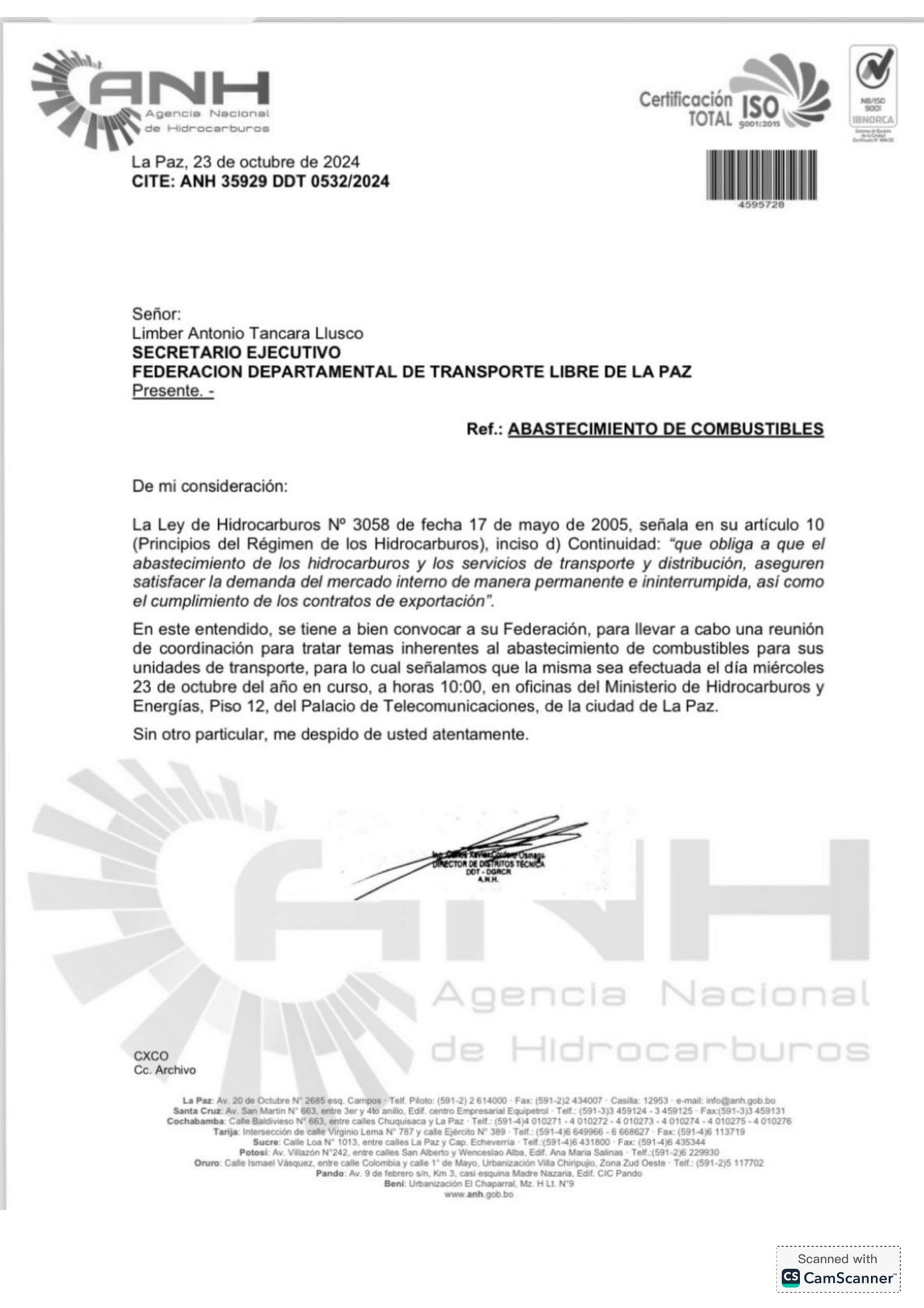 La misiva enviada a la dirigencia del Transporte Libre de La Paz. Foto: ANH.