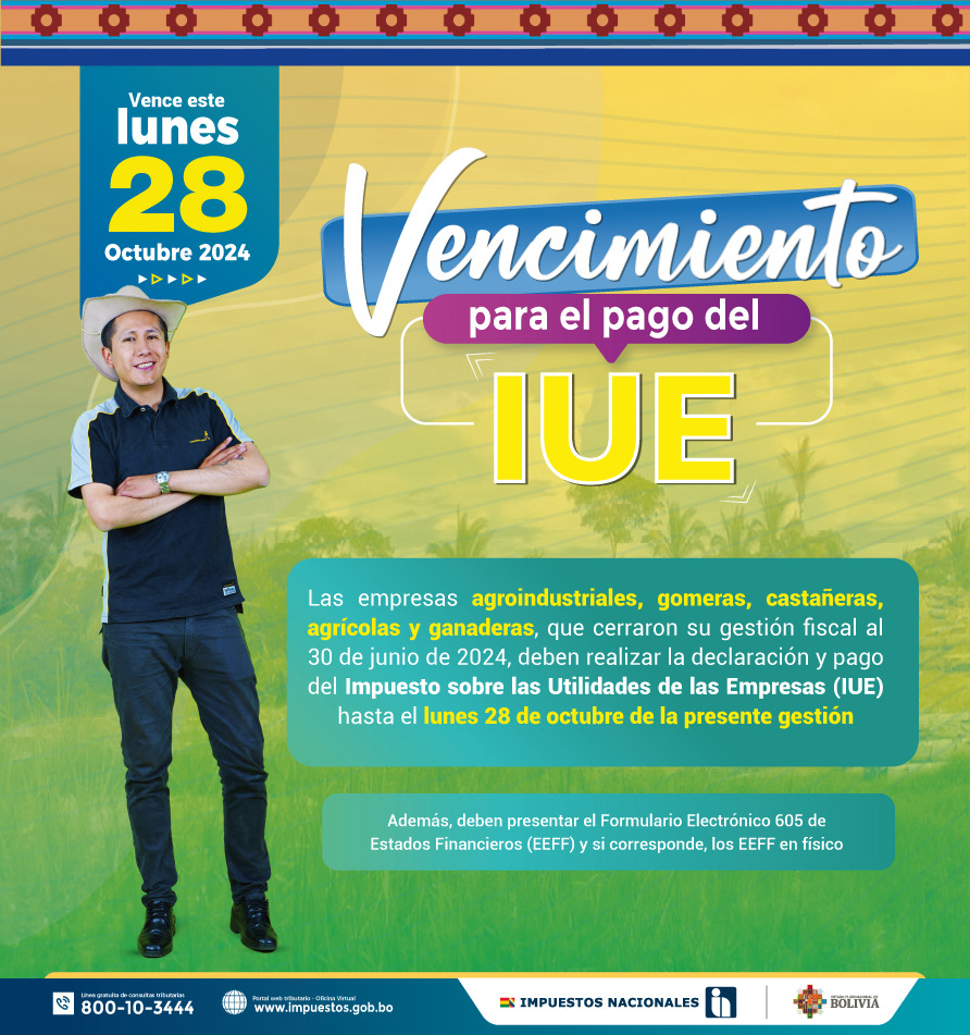 Impuestos: Empresas agrícolas y afines deben declarar y pagar el IUE hasta este lunes 28 