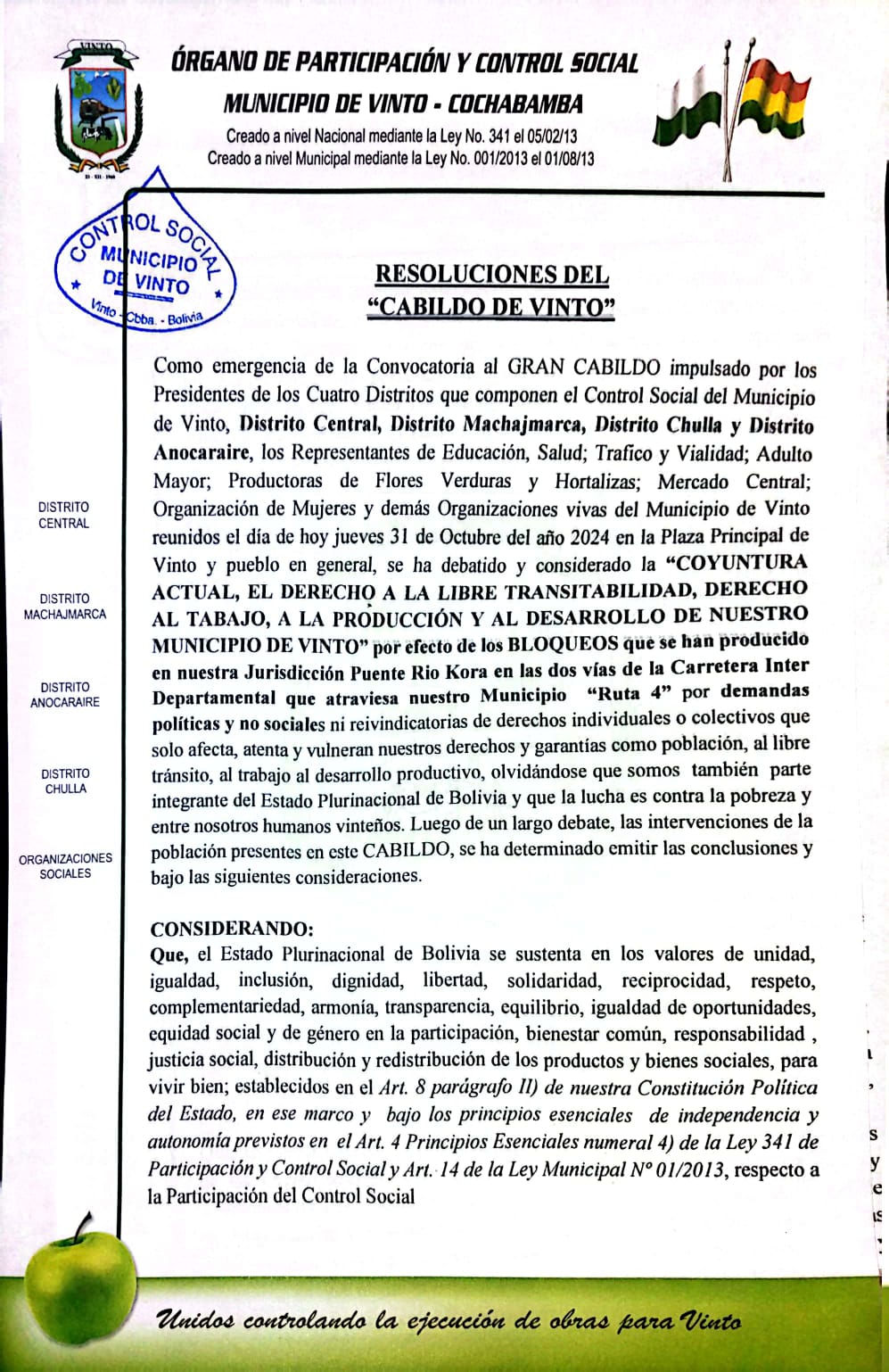 Cabildo en Vinto conmina a evistas a levantar los puntos de bloqueo