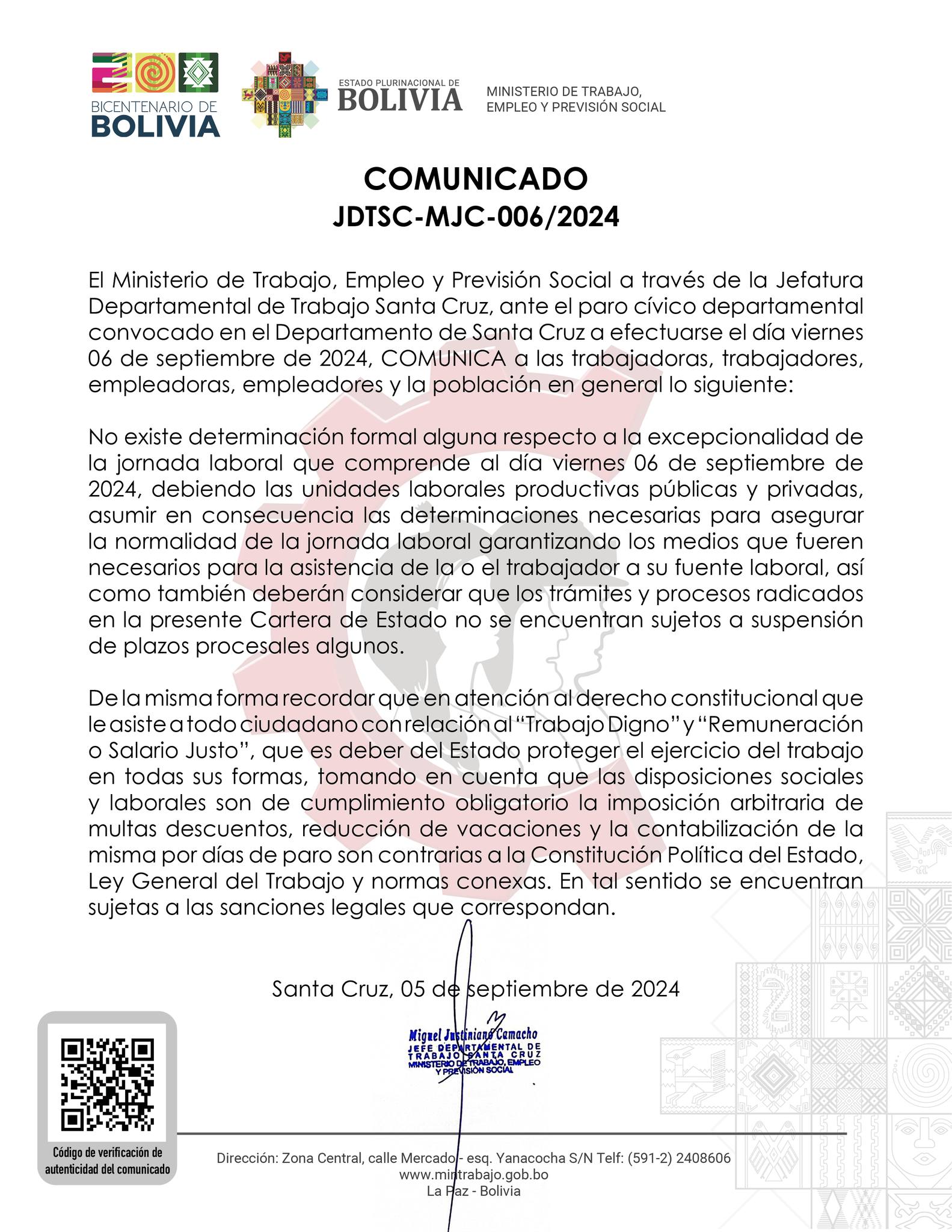 Trabajo pide garantizar jornada laboral en Santa Cruz y advierte con sanciones por descuentos