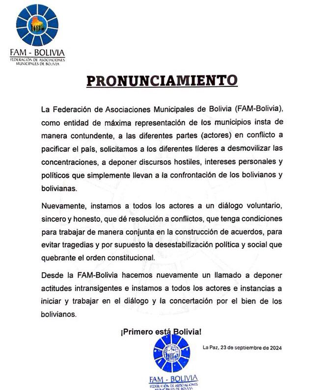 FAM-Bolivia insta a Evo Morales a asistir al diálogo convocado por la Defensoría del Pueblo para “pacificar el país”