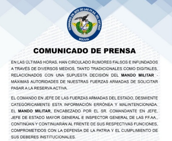 FFAA desmienten supuesta solicitud del Alto Mando para pasar a reserva activa, remarcan su compromiso con la patria