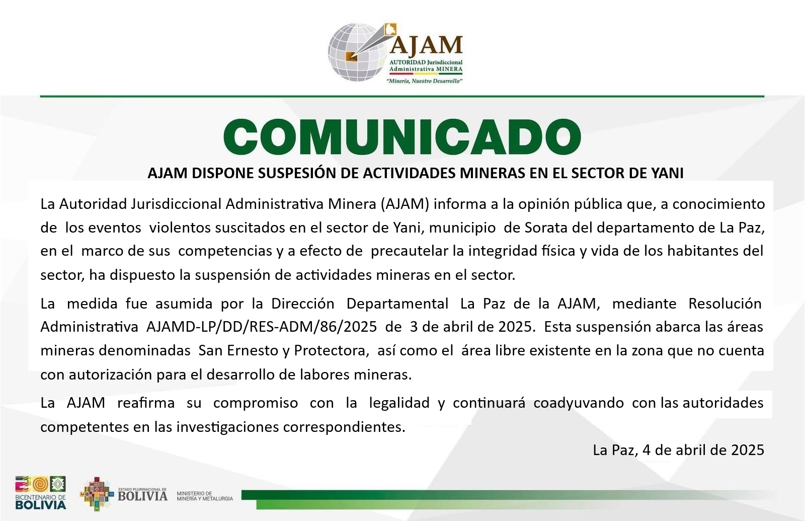 Suspenden actividades mineras en Yani tras conflictos y explosión que dejó 5 fallecidos