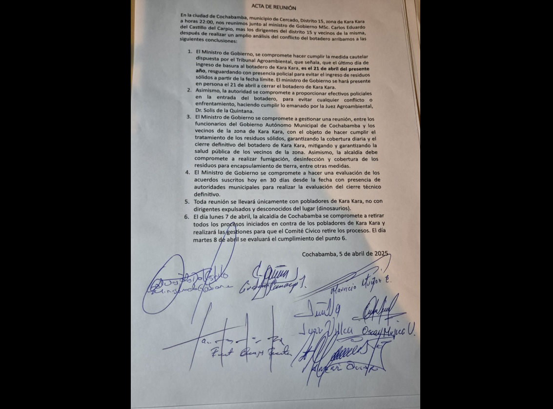 Vecinos de K'ara K'ara declaran cuarto intermedio en el bloqueo al relleno sanitario hasta el 21 de abril