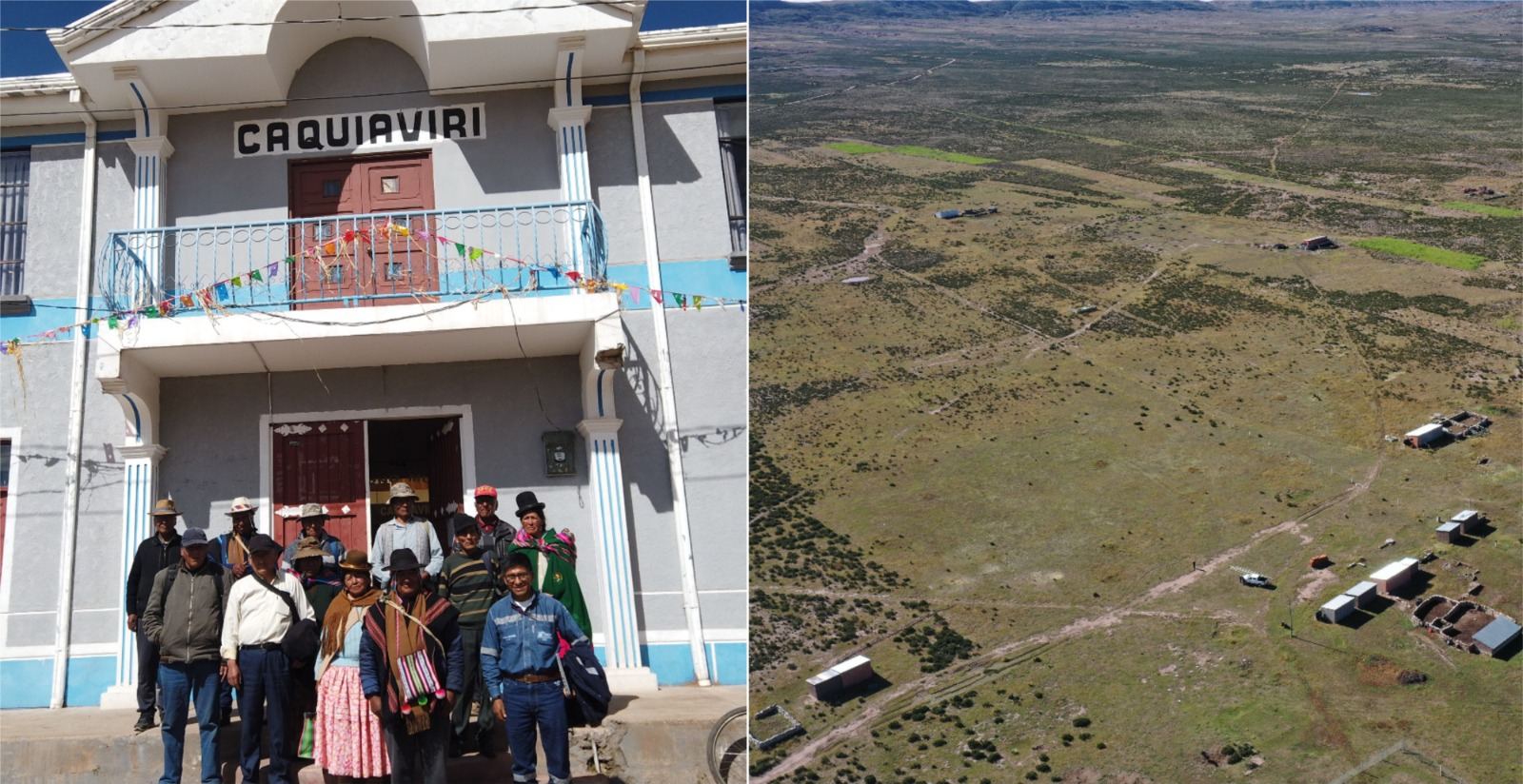 Dirigentes de la comunidad de Caquiaviri y vista panorámica del municipio. Foto: ENDE