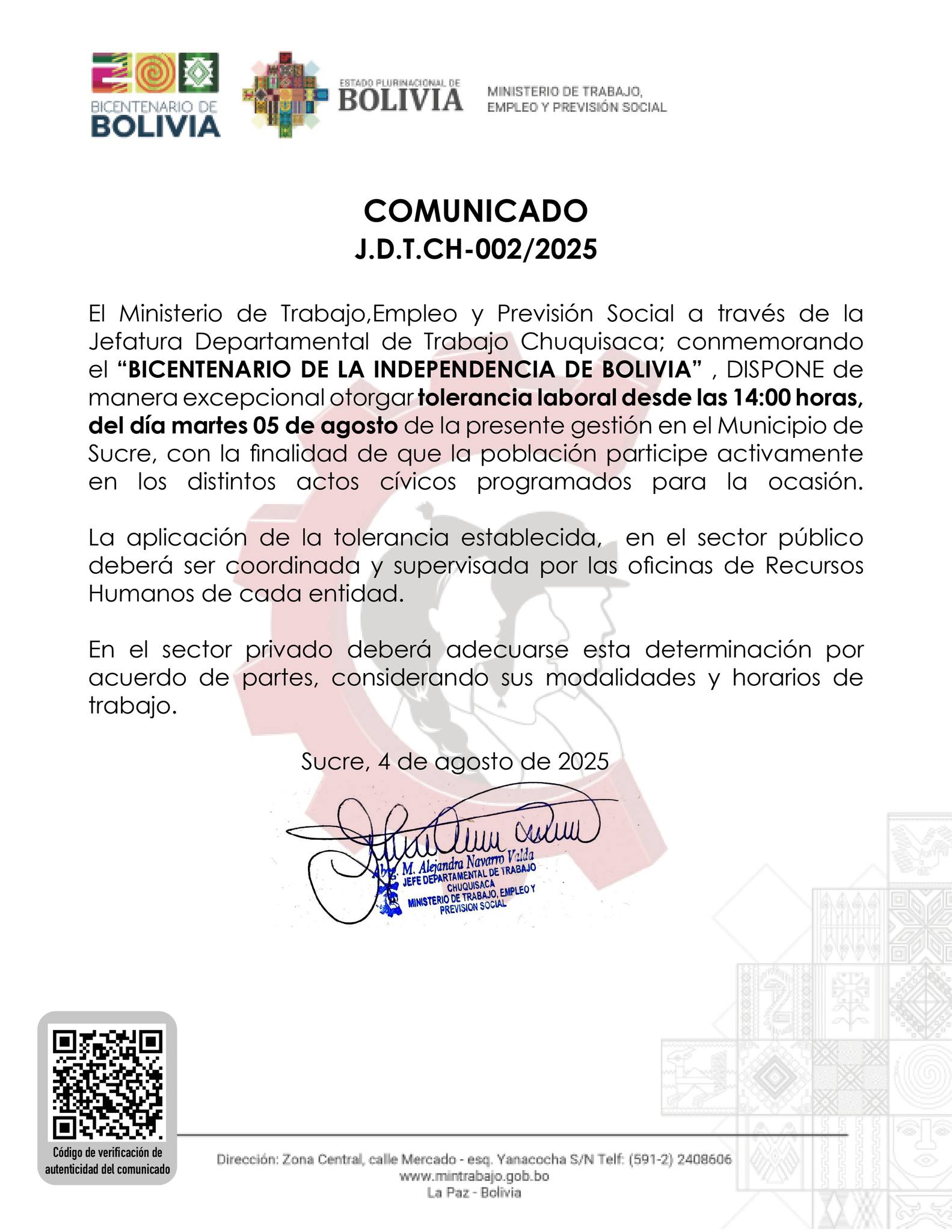 Trabajo dispone tolerancia laboral este martes en Sucre y confirma feriado nacional el miércoles y jueves 