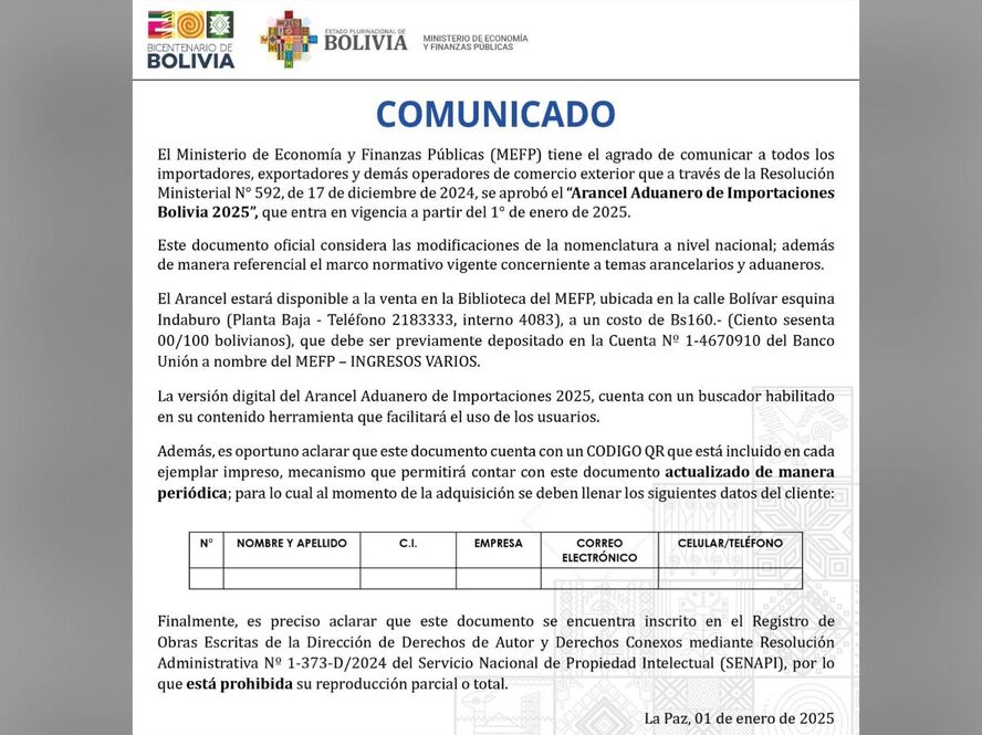 Entra en vigencia el Arancel Aduanero de Importaciones Bolivia 2025