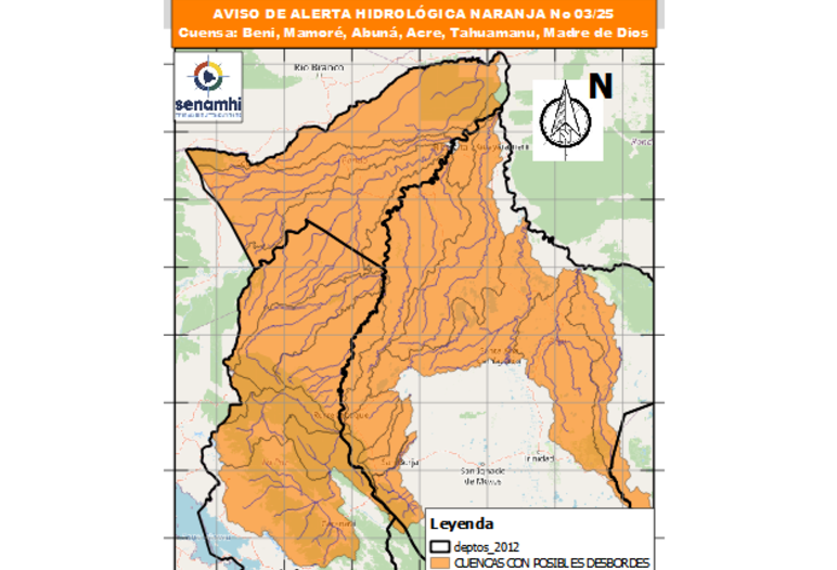 Rige la alerta naranja para esta semana ante posible desborde de ríos en Beni, Pando y norte de La Paz