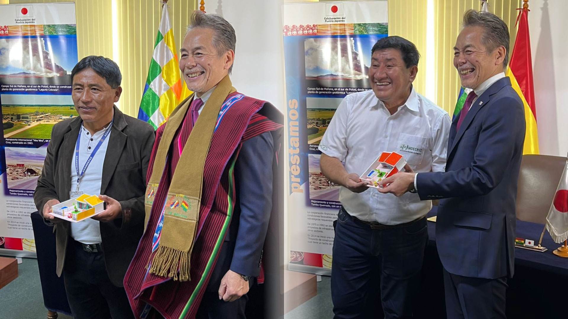 Embajador Hiroshi Onomura entrega de manera simbólica las obras financiadas (aulas) en miniatura de Alasita. Foto: Cortesía Embajada de Japón en Bolivia