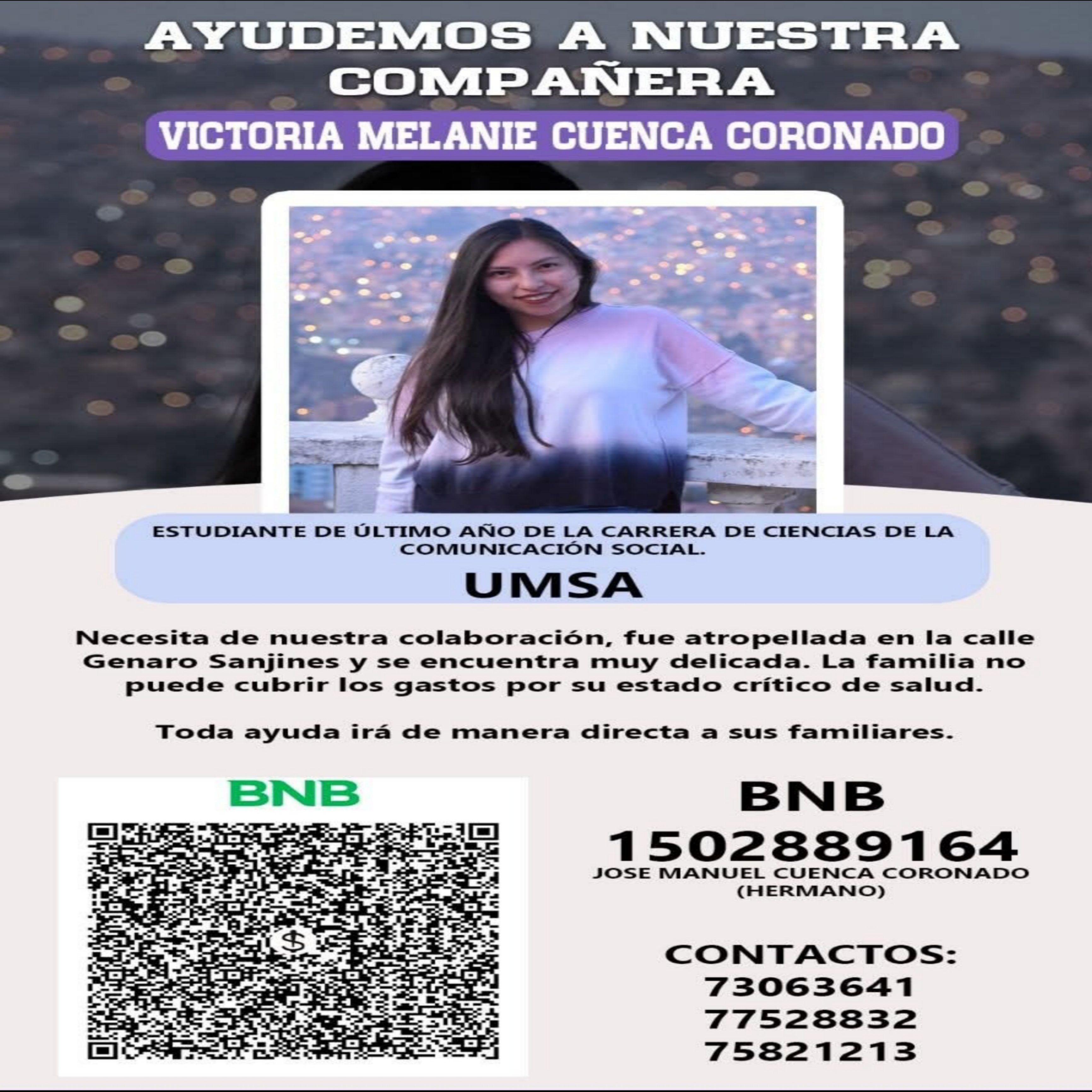 Familia de joven atropellada en el centro de La Paz pide ayuda económica y donantes de sangre