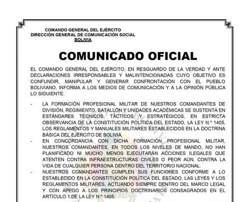 Ejército rechaza “declaraciones malintencionadas” que buscan generar confrontación con el pueblo boliviano