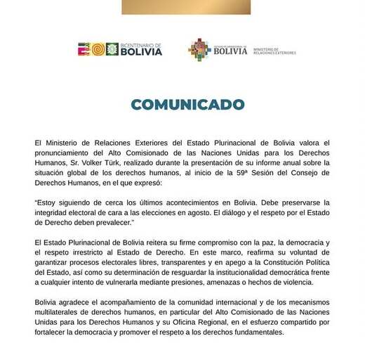 Bolivia valora pronunciamiento de la ONU sobre la preservación de la integridad electoral