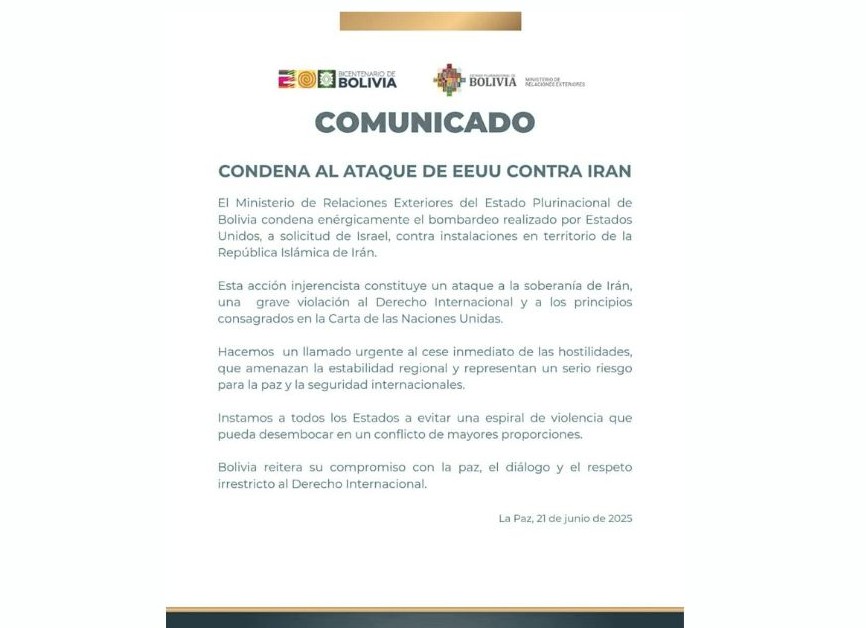 Bolivia condena ataque de EEUU contra Irán y advierte que se pone en riesgo la paz global