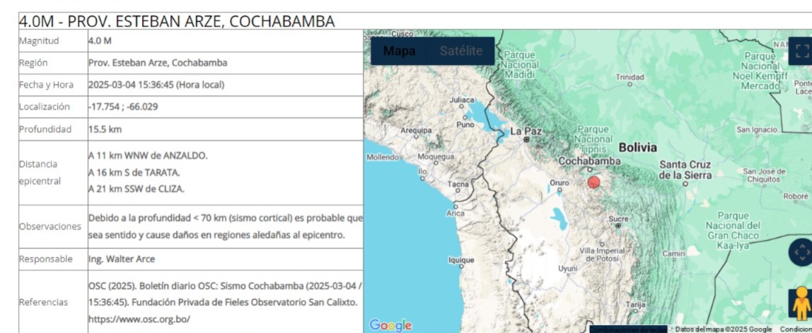 Reportan sismo de magnitud 4.0 en Cochabamba