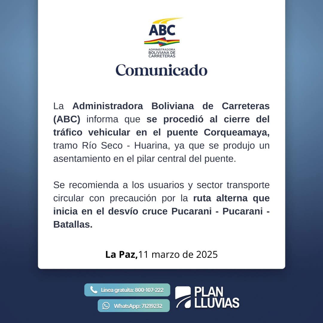 Cierran tráfico en puente Corqueamaya del tramo Río Seco – Huarina, recomiendan utilizar ruta alterna