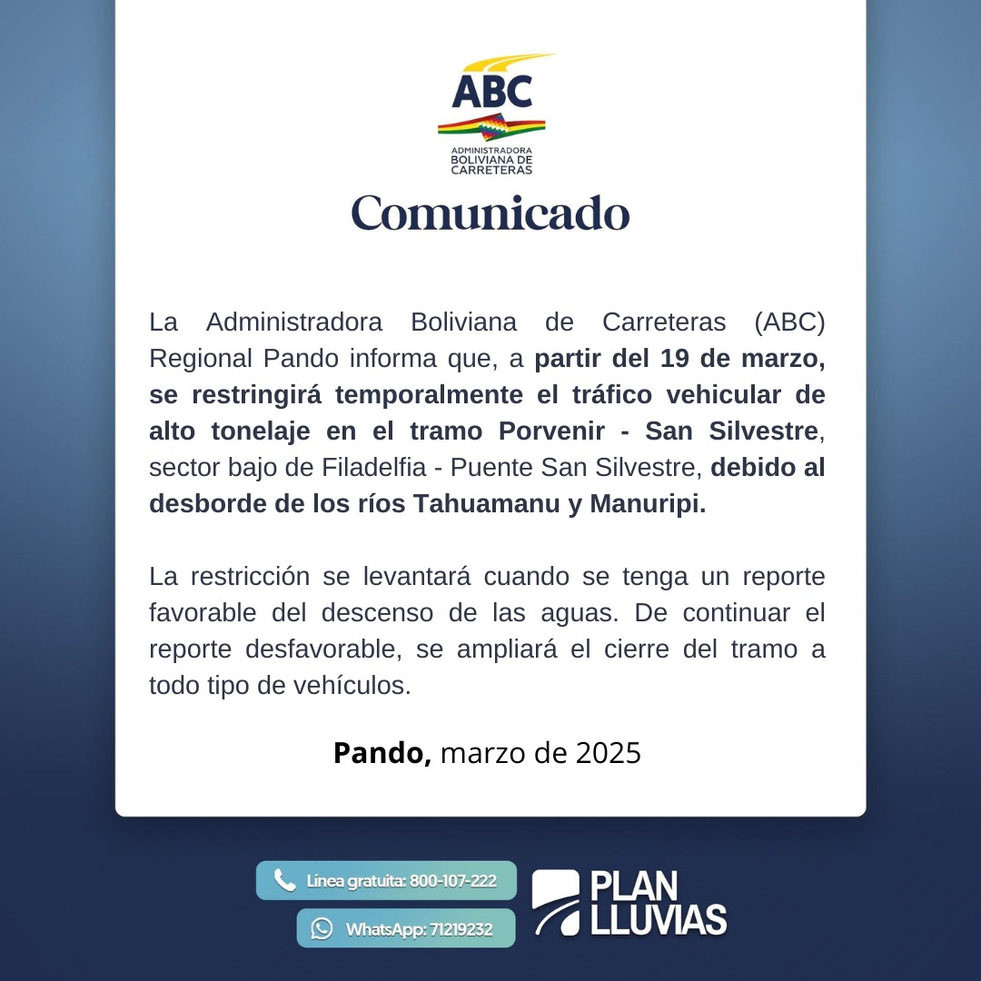 Restringen temporalmente tráfico de alto tonelaje en tramo Porvenir – San Silvestre por desborde de ríos