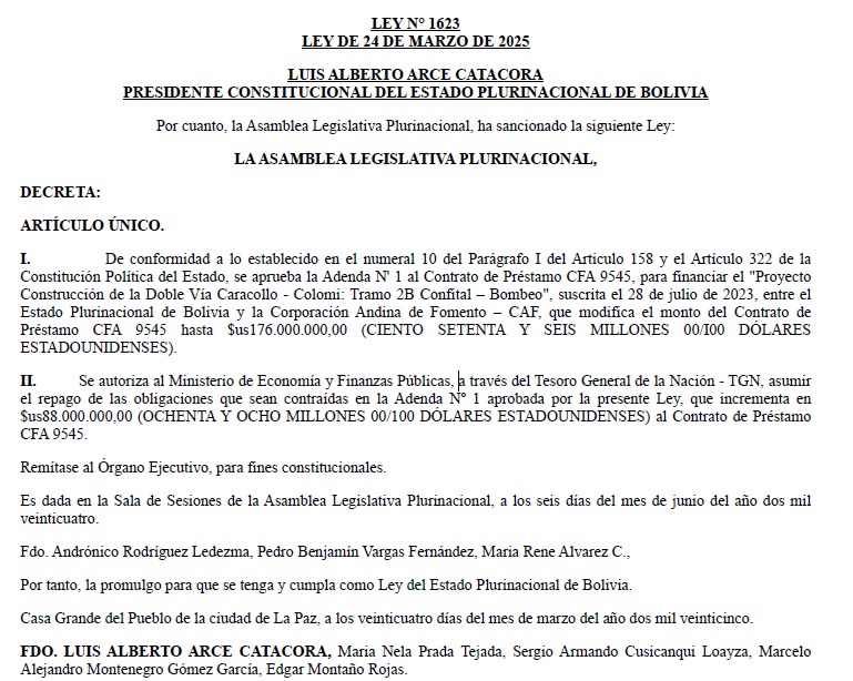 Promulgan crédito de la CAF por $us 176 millones para construir la doble vía Caracollo – Colomi: Tramo 2B