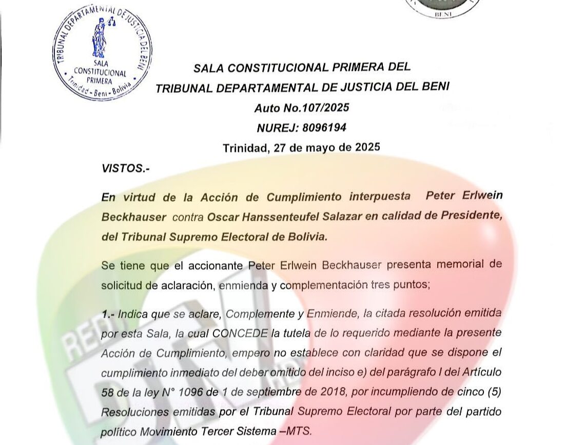 Sala Constitucional de Beni prohíbe al TSE habilitar al MTS para elecciones de agosto