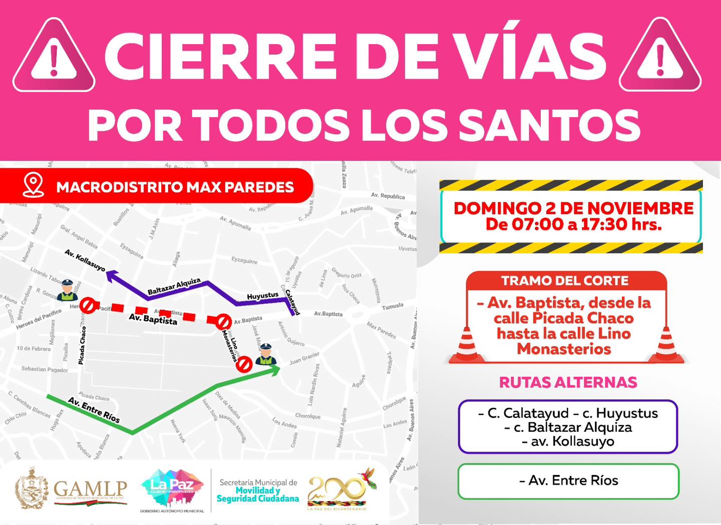 Conozca qué vías de la ciudad de La Paz están cerradas por Todos Santos