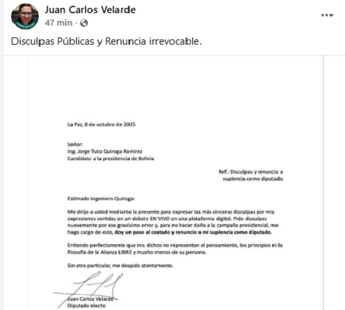 Diputado electo de Libre Juan Carlos Velarde renuncia al cargo y pide disculpas por dichos racistas