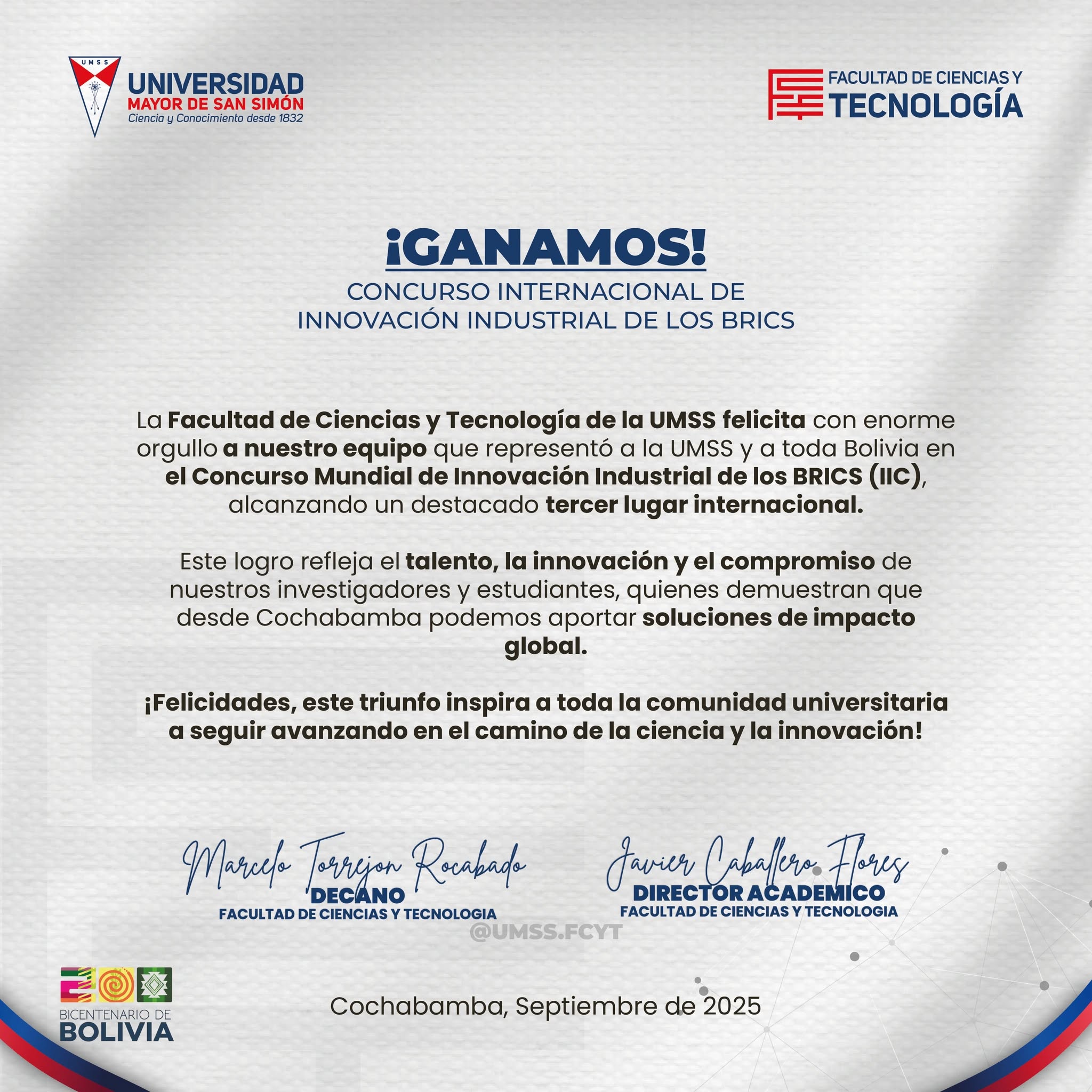 Investigadores y estudiantes bolivianos ganan concurso mundial de Innovación Industrial de los BRICS 2025