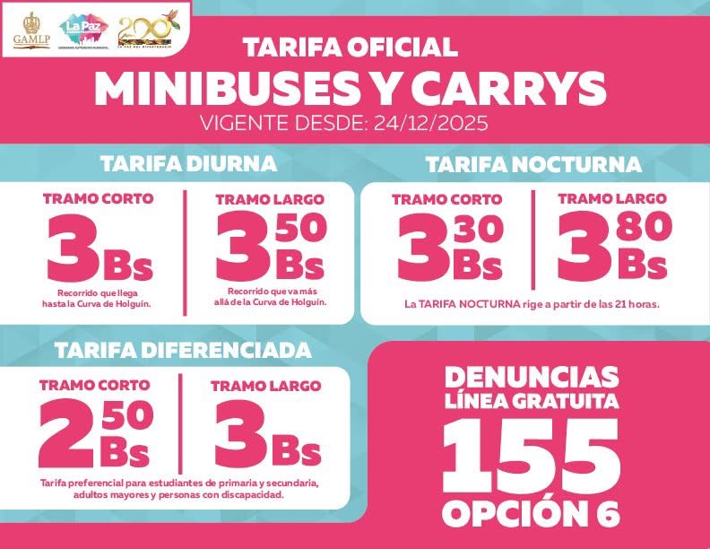 Arias anuncia tarifa preferencial de Bs 2,50 para estudiantes, tercera edad y sectores vulnerables