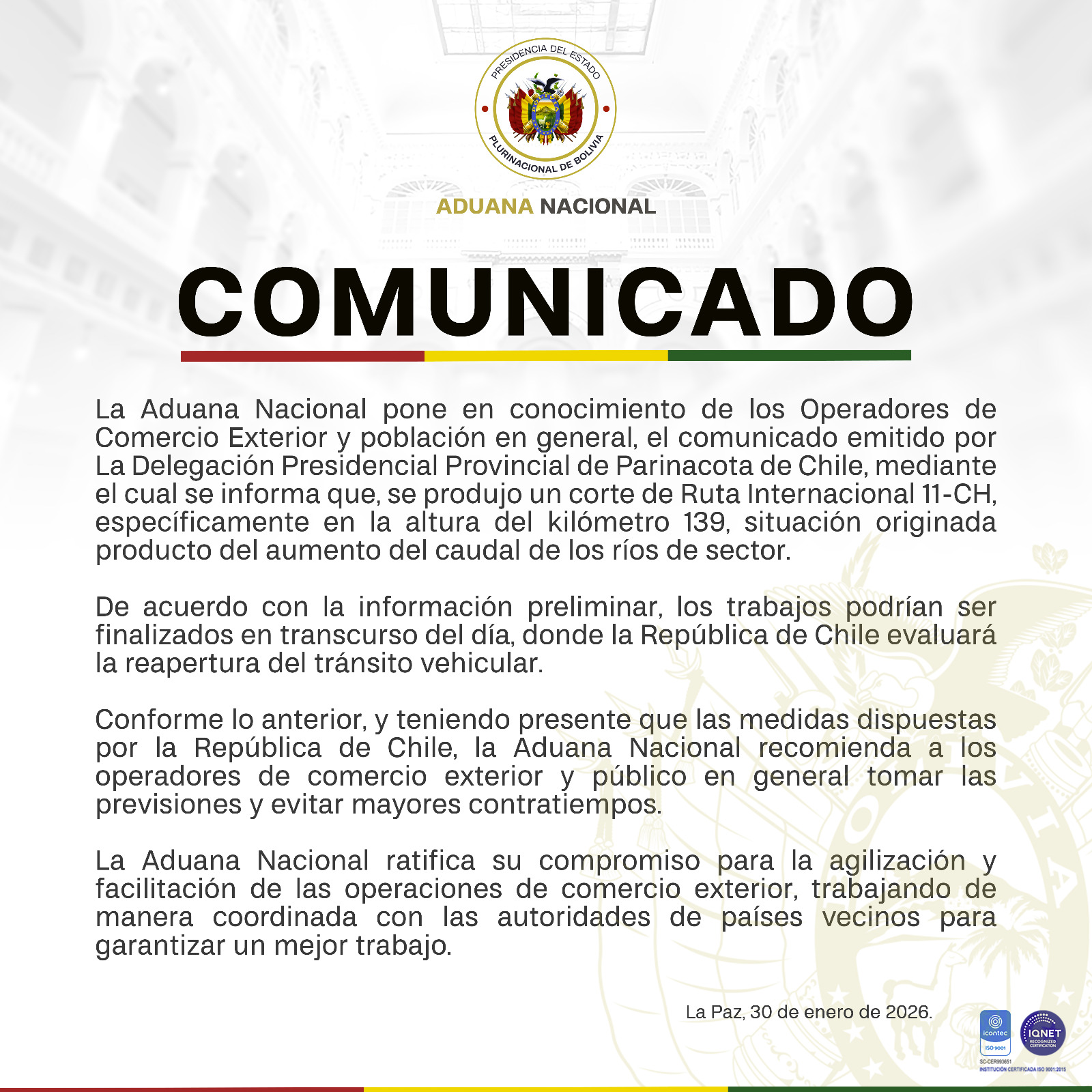 Aduana Nacional alerta sobre corte en ruta fronteriza con Chile