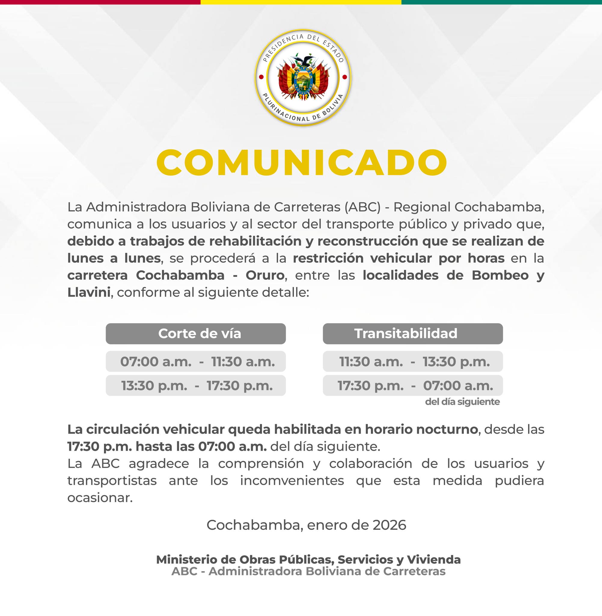 Ruta Cochabamba-Oruro tendrá cortes por horas