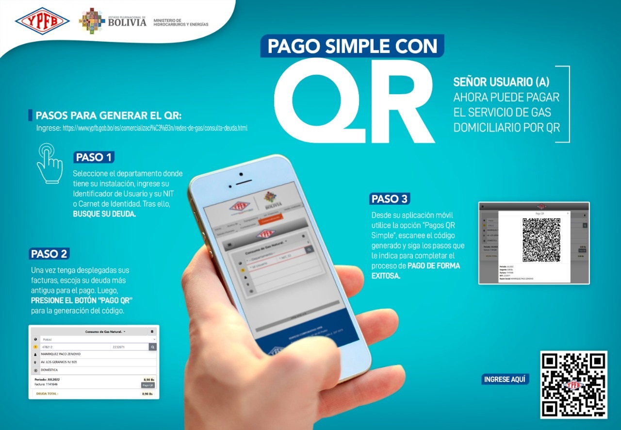 YPFB habilita “Pago Simple” con tecnología QR para pago de los servicios de gas domiciliario, industrial y comercial
