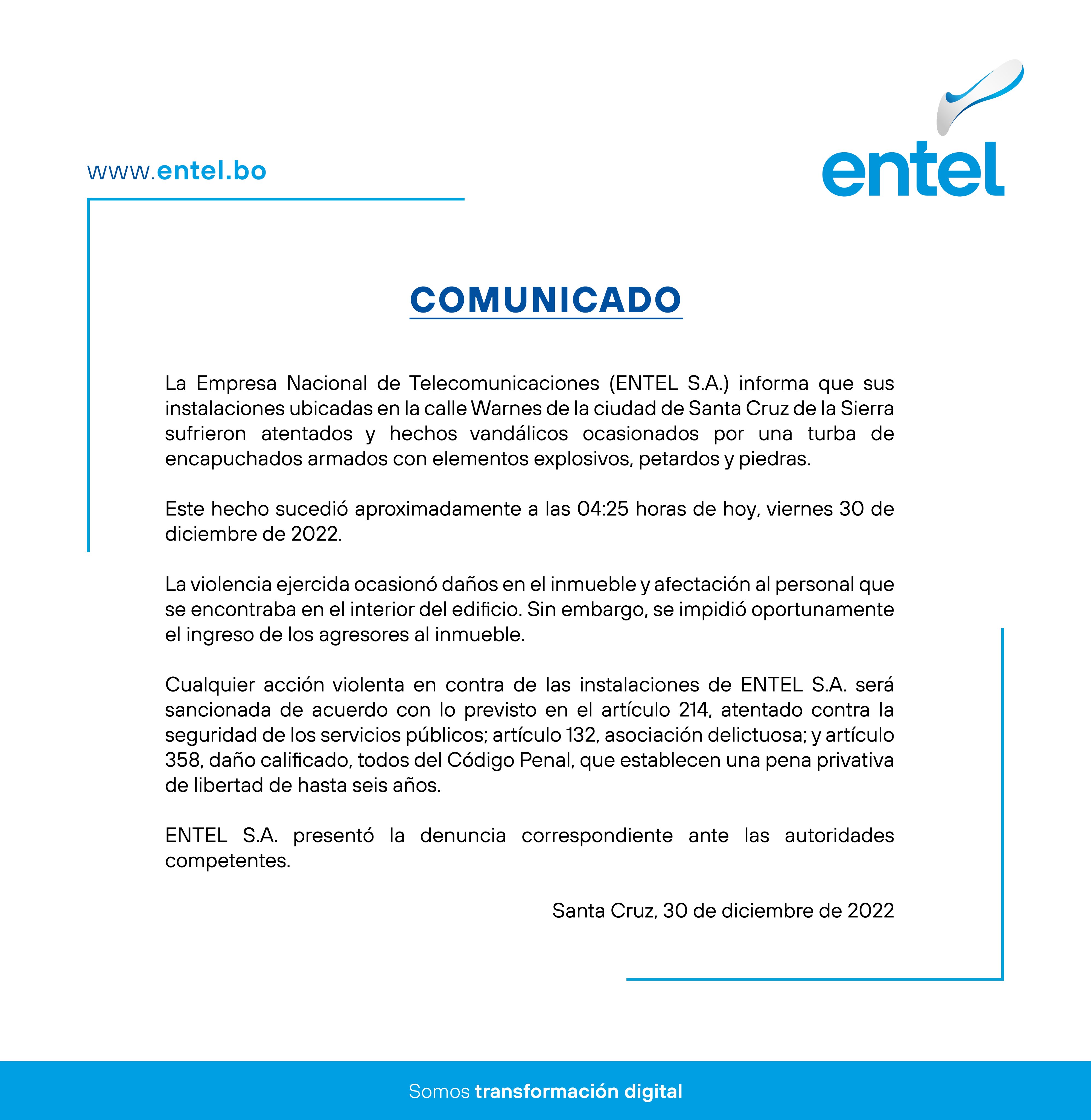 Con explosivos, petardos y piedras, encapuchados atentan contra instalaciones de Entel en Santa Cruz