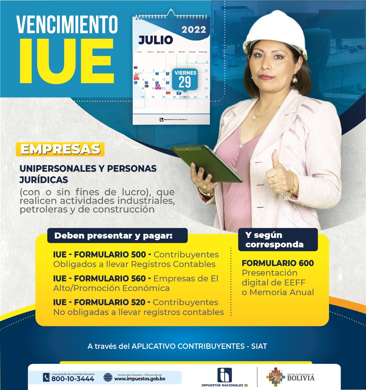 Plazo de pago del IUE para empresas industriales, constructoras y petroleras vence el 29 de julio