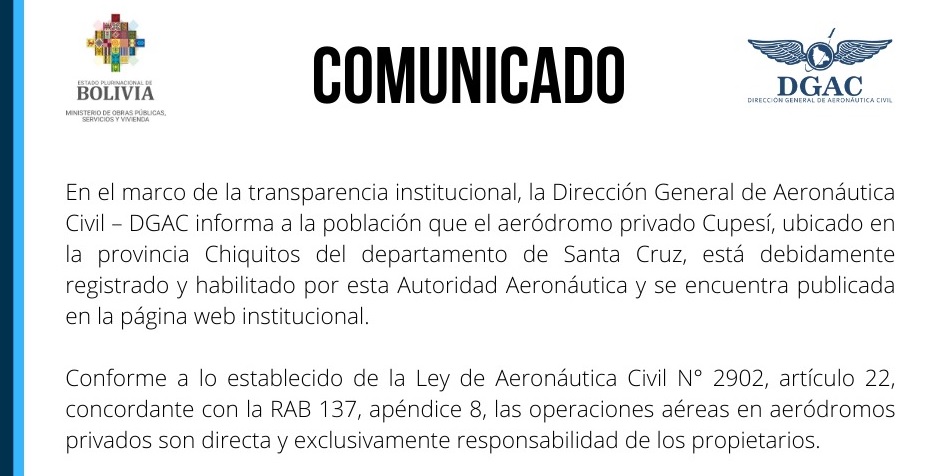 Aeródromo privado Cupesí en Chiquitos está registrado y habilitado por la DGAC