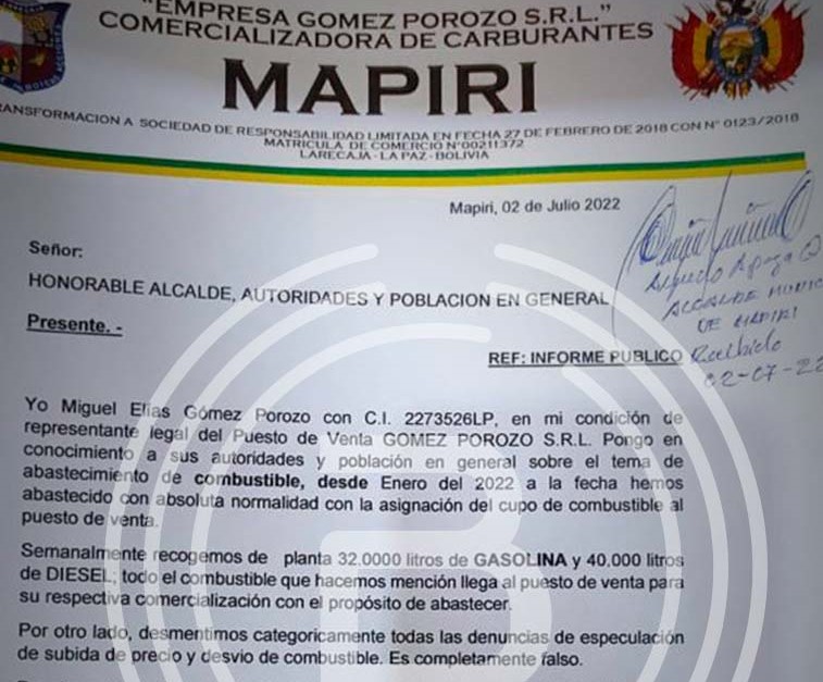 Aclaran que en el municipio de Mapiri se comercializa con normalidad gasolina y diésel