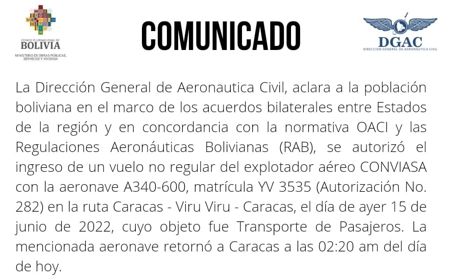 DGAC aclara que autorizó ingreso de vuelo de Conviasa a Santa Cruz en el marco de acuerdos bilaterales