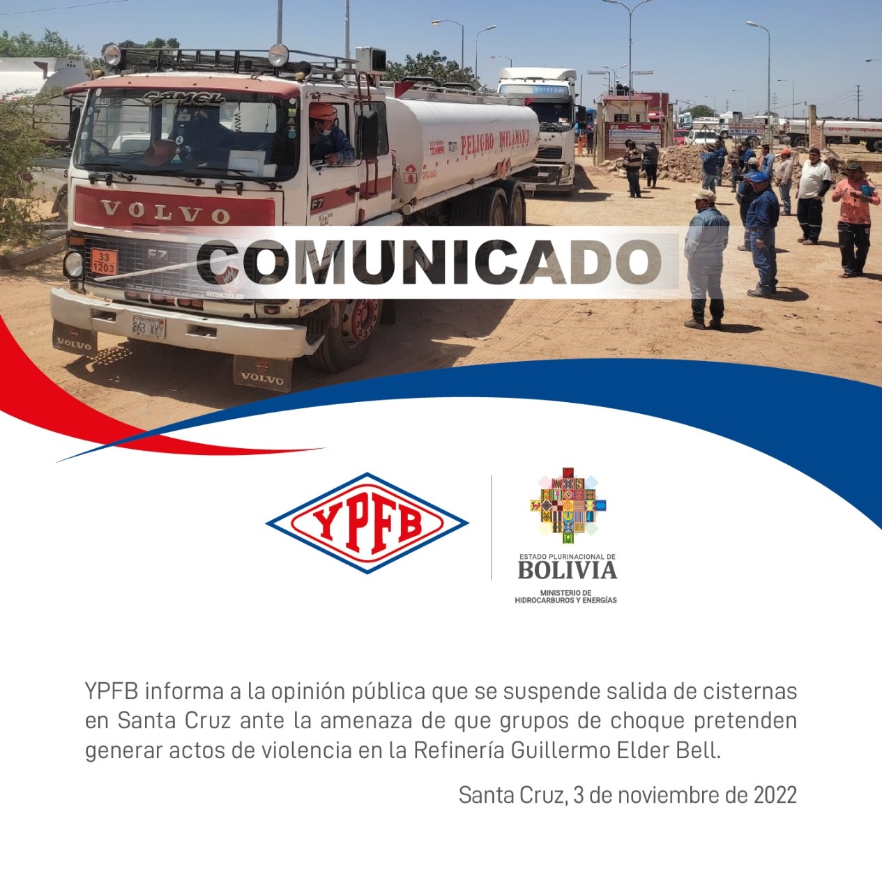 YPFB suspende salida de cisternas de la refinería de Palmasola por amenaza de grupos violentos