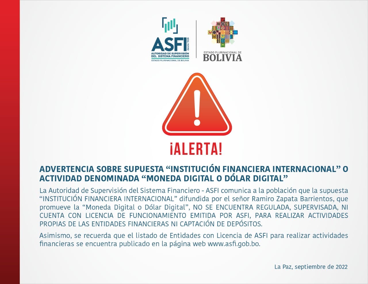 ASFI alerta que supuesta financiera internacional no tiene licencia de funcionamiento