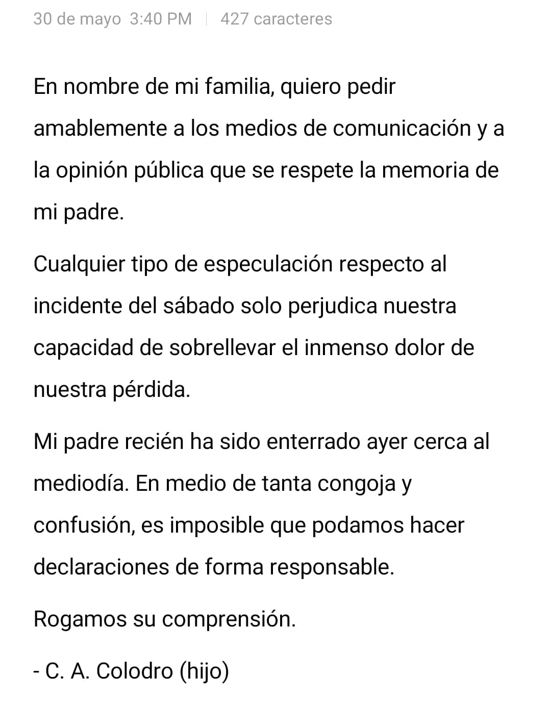 Familia de Carlos Colodro pide evitar especulaciones sobre el fallecimiento del exinterventor 