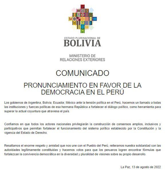 Gobiernos de Argentina, Ecuador, México y Bolivia llaman al diálogo ante tensión política en Perú