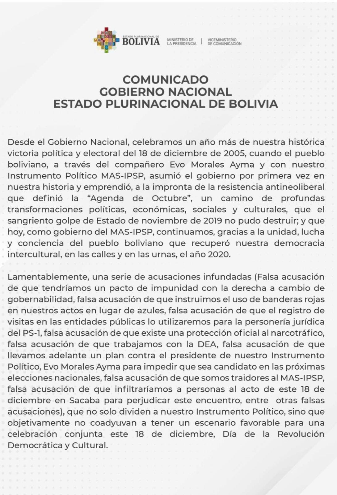 Gobierno desvirtúa ocho acusaciones infundadas que se le atribuyen desde el interior del MAS-IPSP