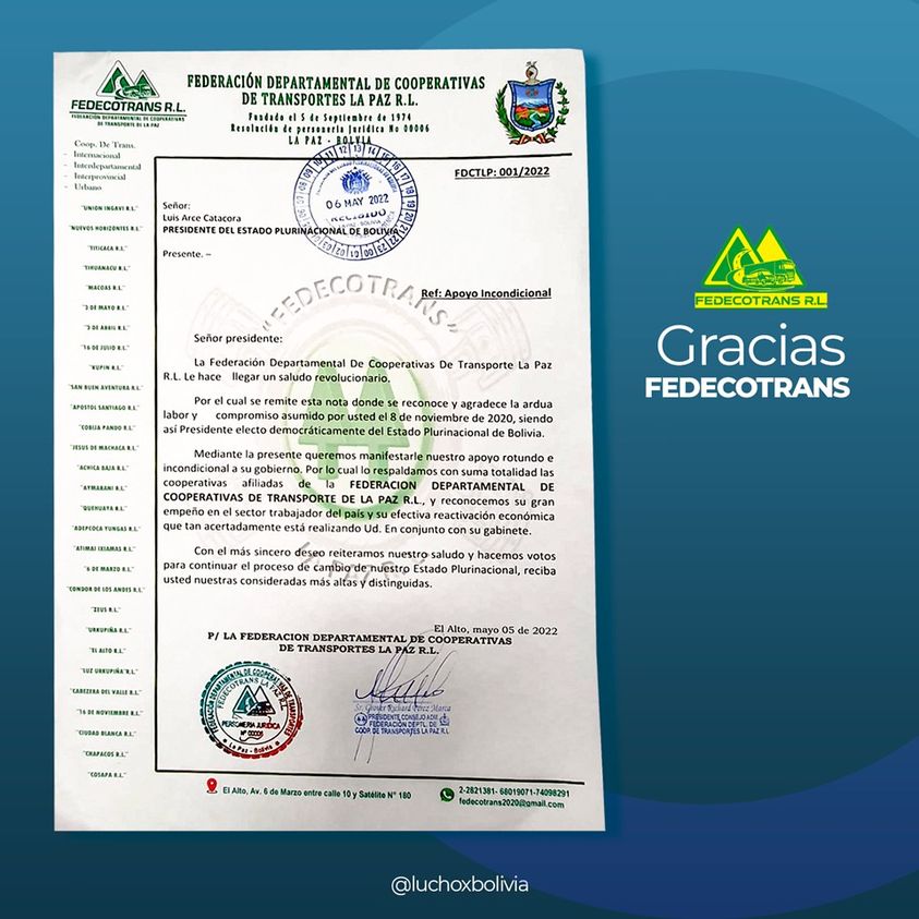 Presidente Arce agradece a Fedecotrans por su apoyo incondicional al proceso de cambio