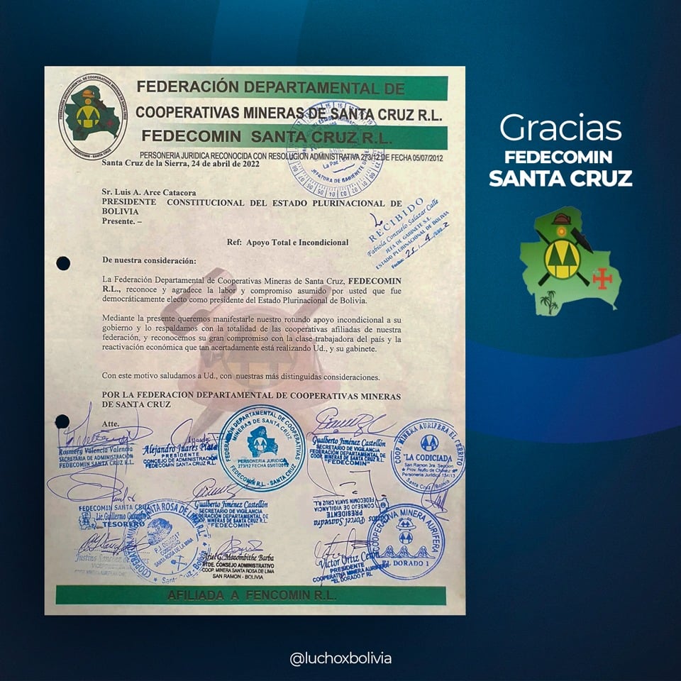 Cooperativas Mineras de Santa Cruz y Beni expresan su respaldo a la gestión del presidente Arce