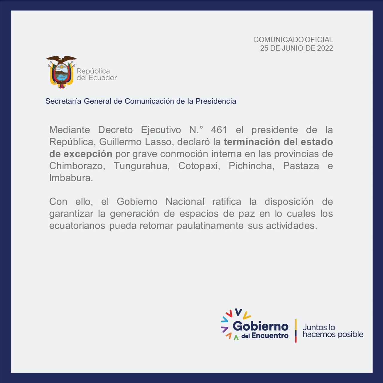 Presidente de Ecuador declara “terminación del estado de excepción” en seis provincias