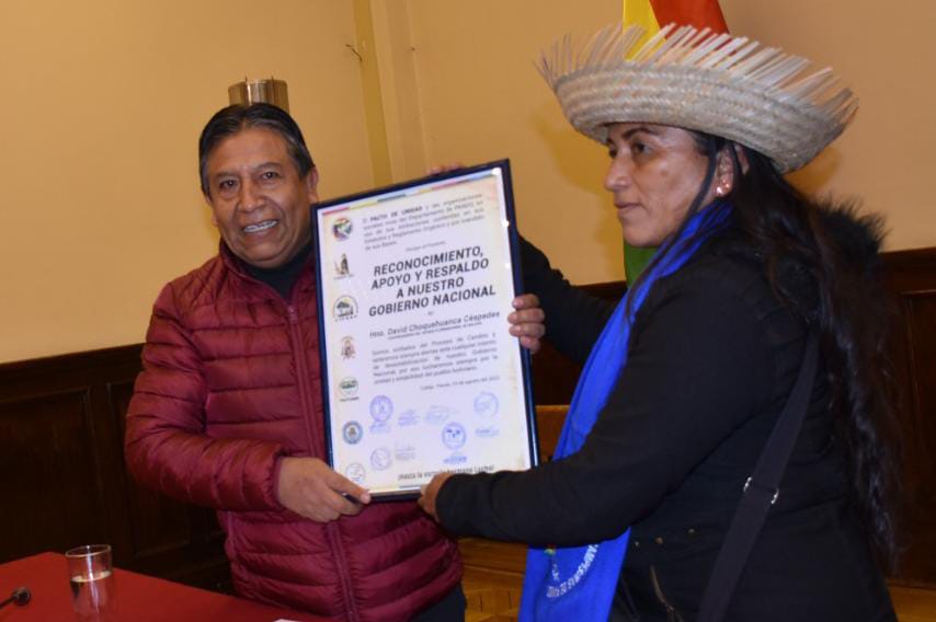 Pacto de Unidad de Pando entrega reconocimiento a Choquehuanca y ratifica respaldo al Gobierno