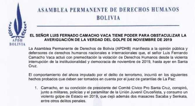 Derechos Humanos advierte que Camacho busca obstaculizar la verdad del golpe de Estado de 2019