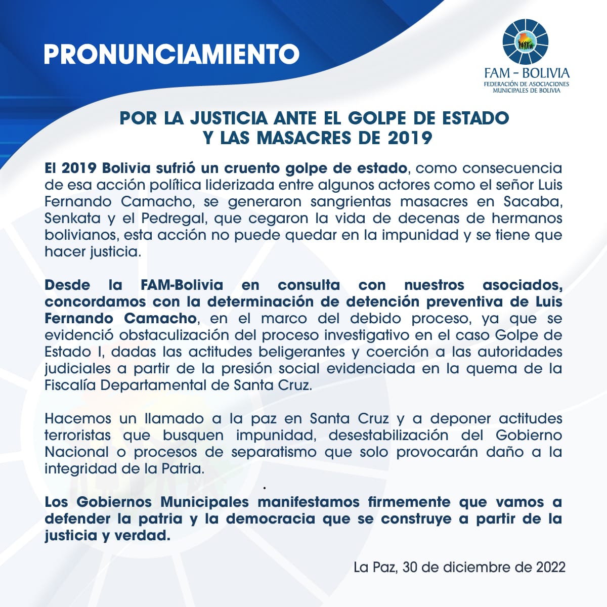 La FAM-Bolivia clama justicia por las muertes de 2019 y saluda detención preventiva de Camacho