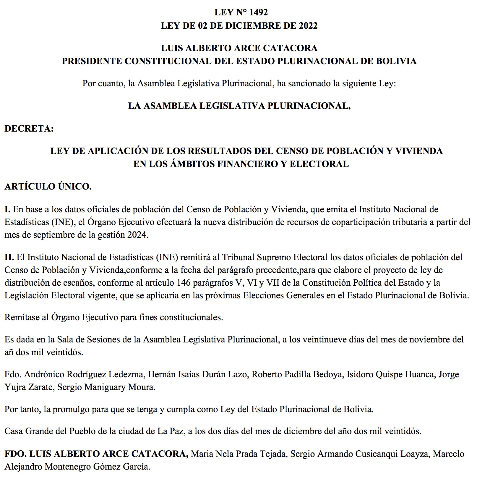Gaceta publica la Ley 1492 de Aplicación de los Resultados del Censo de Población y Vivienda