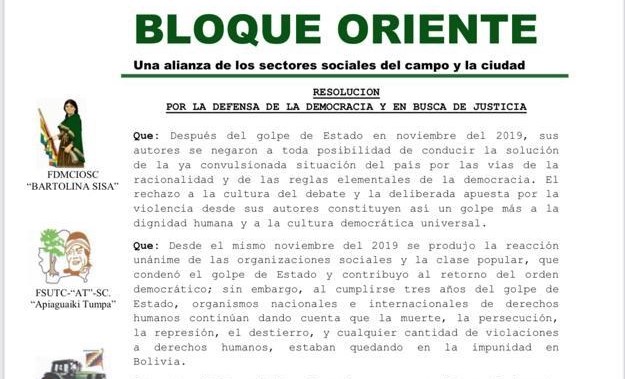 Bloque Oriente respalda detención de Camacho y condena actos de violencia en Santa Cruz